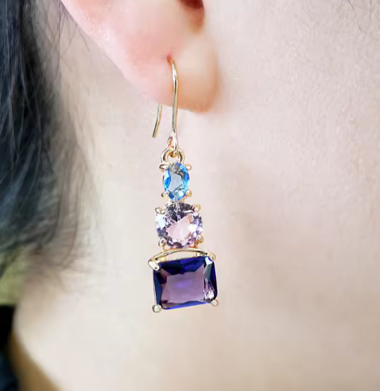 Purple Pink Bleu Square Crystal Earrings